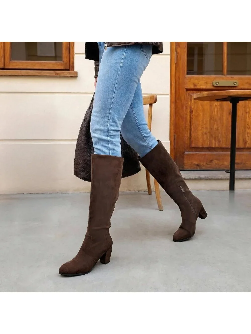 Women's Dark Brown Faux Fur Lined Square Toe Side Zipper Knee High Riding Boots